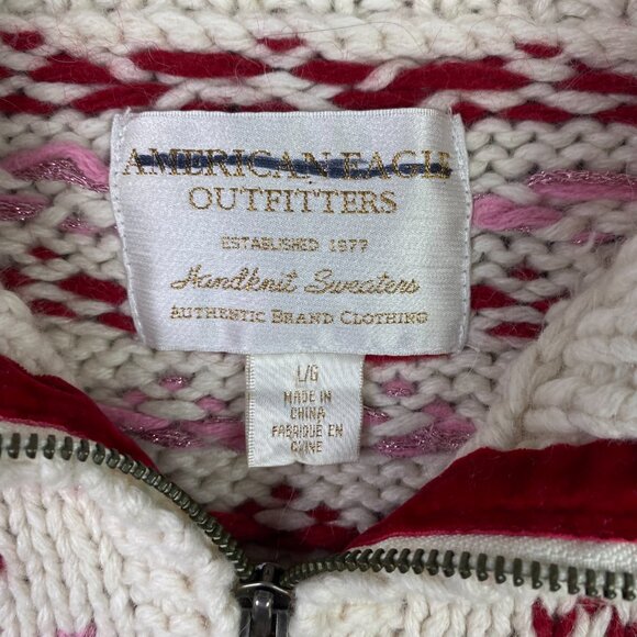 American Eagle Handknit Sweater Women's Large Alpaca Blend Bear Tree Fair Isle - Picture 6 of 14